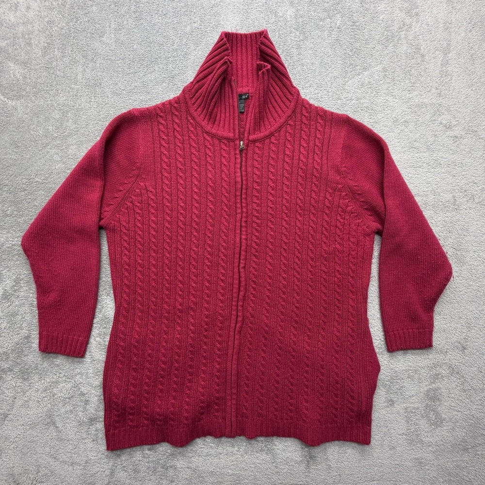 Tally Ho Sweater Womens‎ 1X Red Cable Knit Full Zip Turtleneck Raglan Sleeve